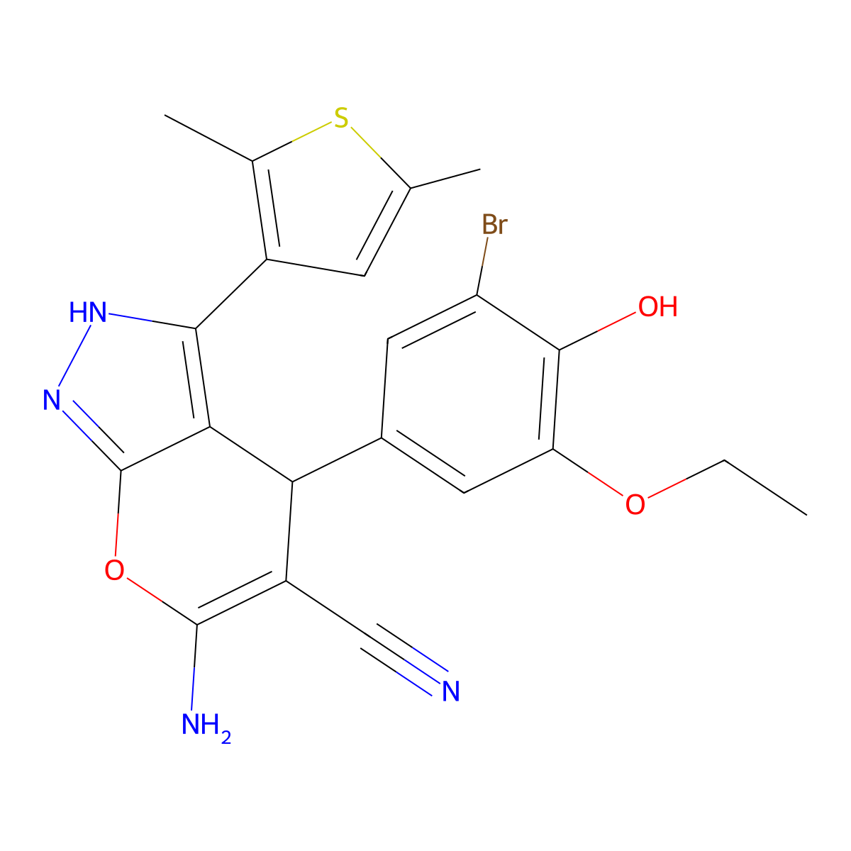 6-Amino-4-(3-bromo-5-ethoxy-4-hydroxyphenyl)-3-(2,5-dimethyl-3-thienyl)-1,4-dihydropyrano[2,3-c]pyrazole-5-carbonitrile molecular structure, CAS 664970-29-0