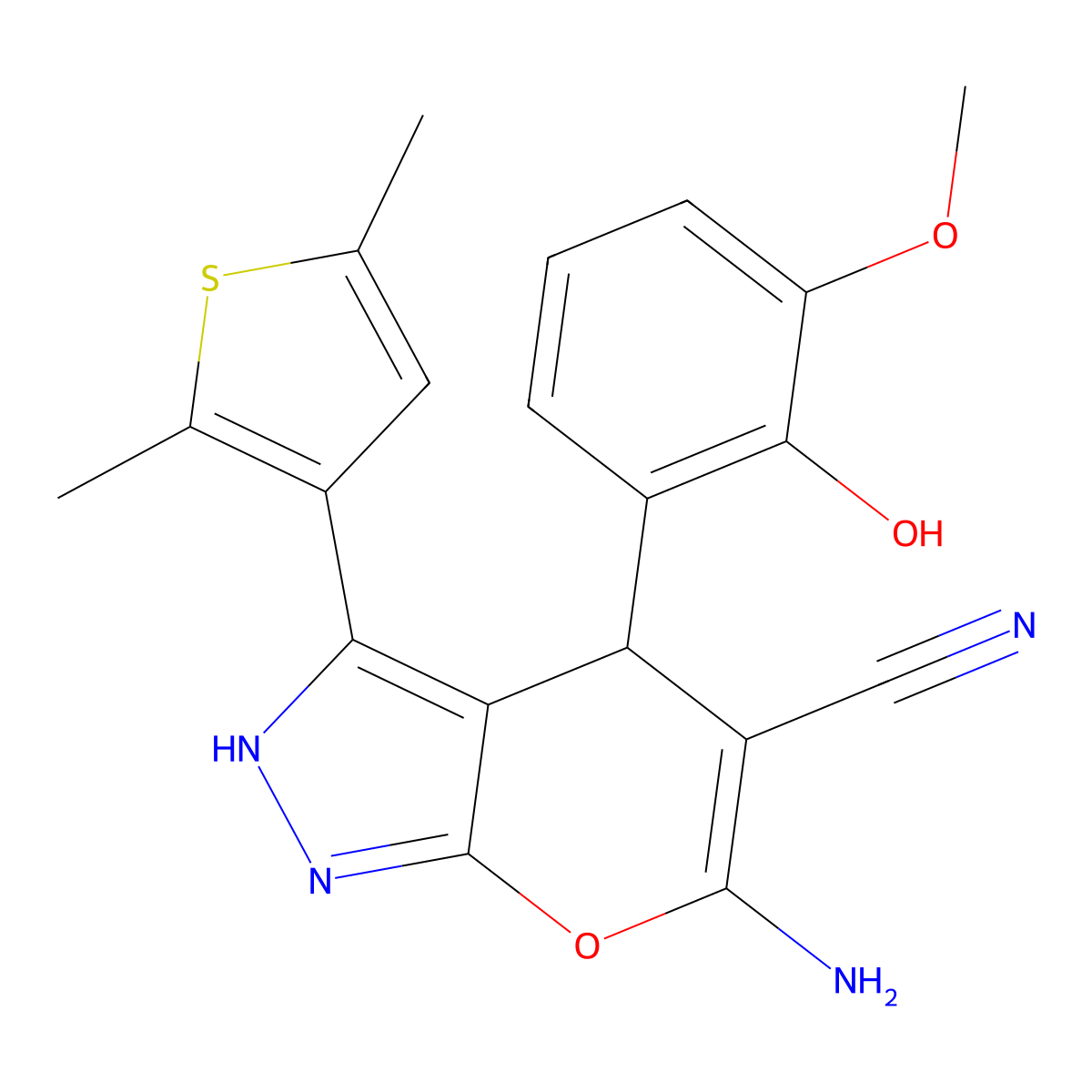 6-Amino-3-(2,5-dimethyl-3-thienyl)-4-(2-hydroxy-3-methoxyphenyl)-1,4-dihydropyrano[2,3-c]pyrazole-5-carbonitrile molecular structure, CAS 664970-31-4