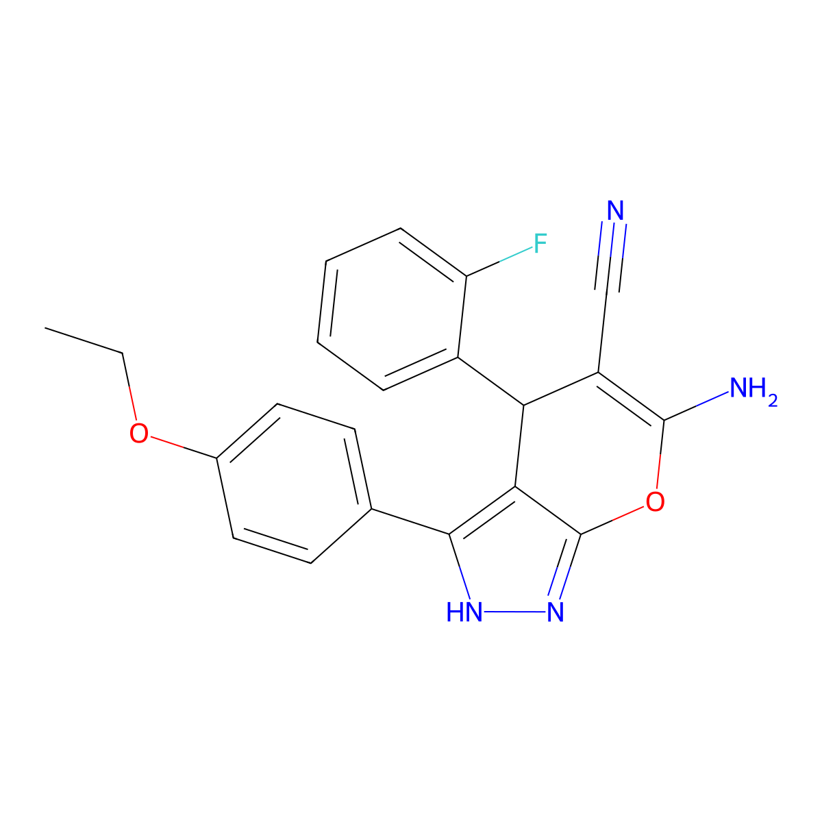 6-Amino-3-(4-ethoxyphenyl)-4-(2-fluorophenyl)-1,4-dihydropyrano[2,3-c]pyrazole-5-carbonitrile molecular structure, CAS 664970-61-0