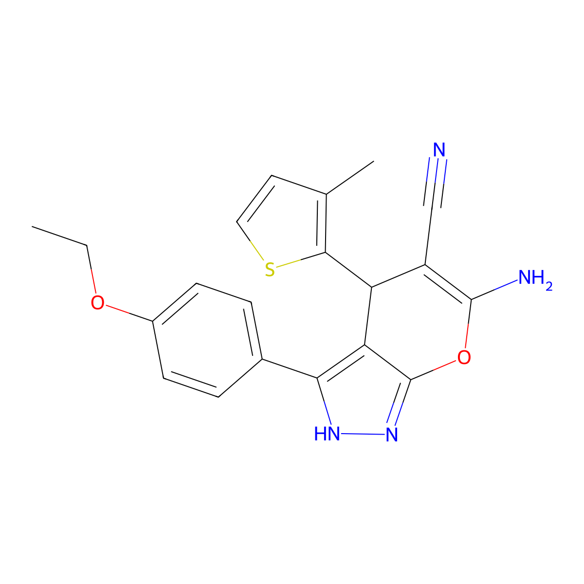 6-Amino-3-(4-ethoxyphenyl)-4-(3-methylthiophen-2-yl)-2,4-dihydropyrano[2,3-c]pyrazole-5-carbonitrile molecular structure, CAS 664970-62-1