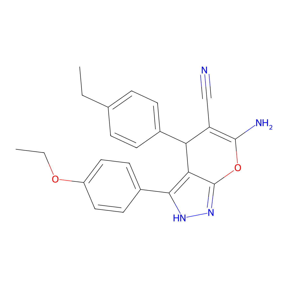 6-Amino-3-(4-ethoxyphenyl)-4-(4-ethylphenyl)-1,4-dihydropyrano[2,3-c]pyrazole-5-carbonitrile molecular structure, CAS 664970-71-2