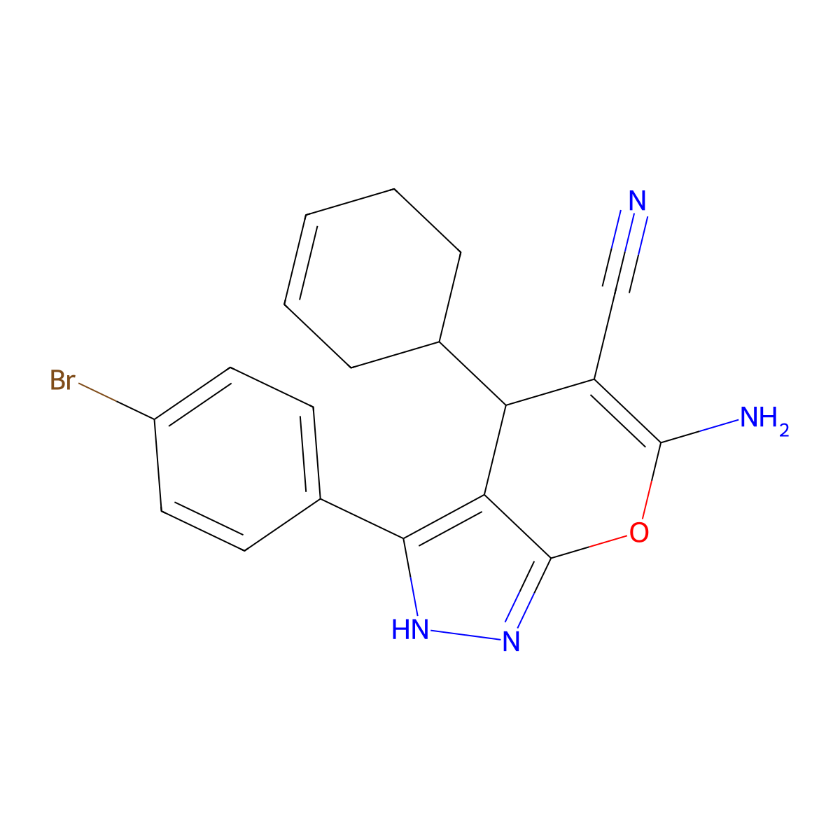6-Amino-3-(4-bromophenyl)-4-(3-cyclohexen-1-yl)-1,4-dihydropyrano[2,3-c]pyrazole-5-carbonitrile molecular structure, CAS 664970-76-7