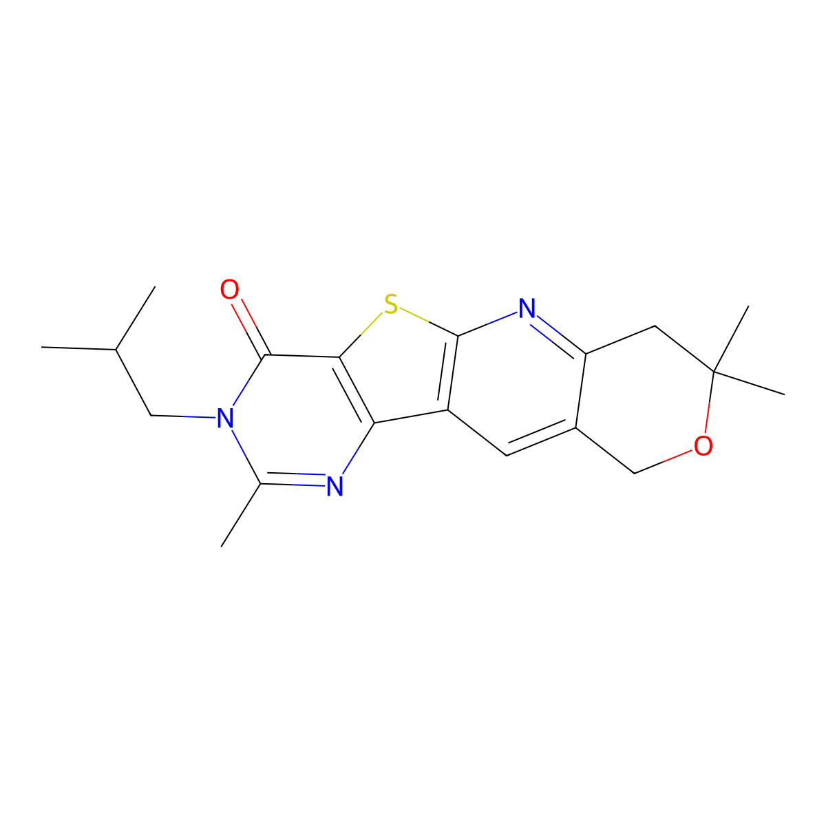 3-isobutyl-2,8,8-trimethyl-7,10-dihydro-8H-pyrano[3'',4'':5',6']pyrido[3',2':4,5]thieno[3,2-d]pyrimidin-4(3H)-one molecular structure, CAS 664970-94-9