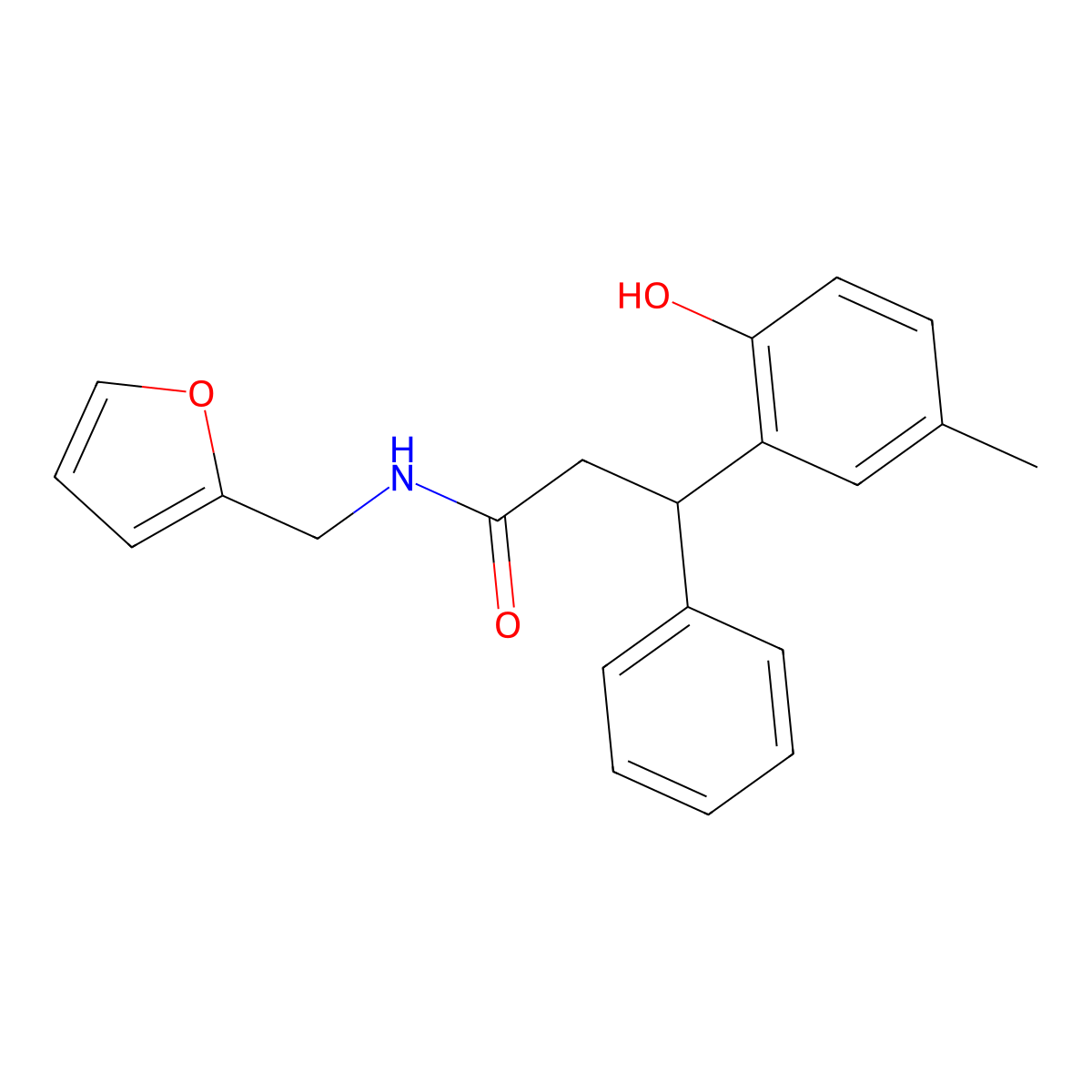 N-(furan-2-ylmethyl)-3-(2-hydroxy-5-methylphenyl)-3-phenylpropanamide molecular structure, CAS 664971-02-2