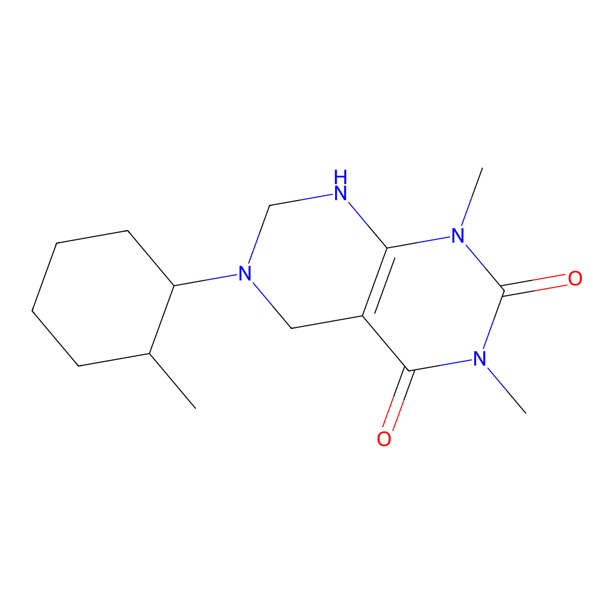 1,3-dimethyl-6-(2-methylcyclohexyl)-5,6,7,8-tetrahydropyrimido[4,5-d]pyrimidine-2,4(1H,3H)-dione molecular structure, CAS 664971-51-1