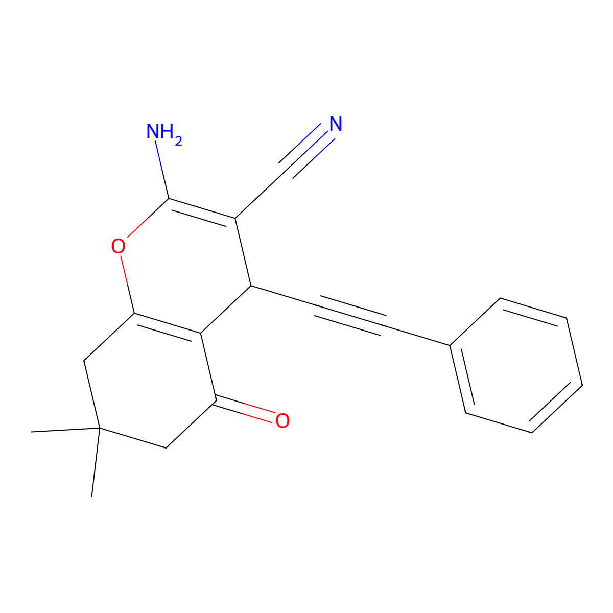 2-amino-7,7-dimethyl-5-oxo-4-(phenylethynyl)-5,6,7,8-tetrahydro-4H-chromene-3-carbonitrile molecular structure, CAS 664971-79-3