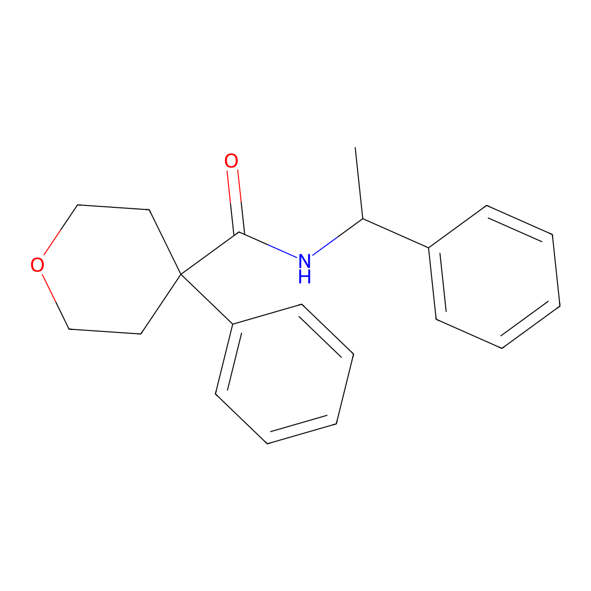 4-phenyl-N-(1-phenylethyl)tetrahydro-2H-pyran-4-carboxamide molecular structure, CAS 664971-91-9
