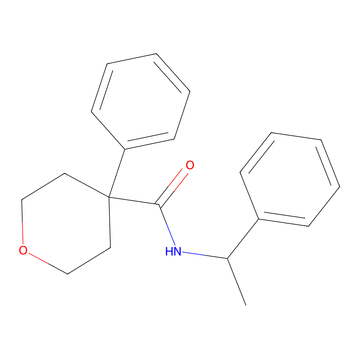 4-phenyl-N-(1-phenylethyl)tetrahydro-2H-pyran-4-carboxamide molecular structure, CAS 664971-91-9