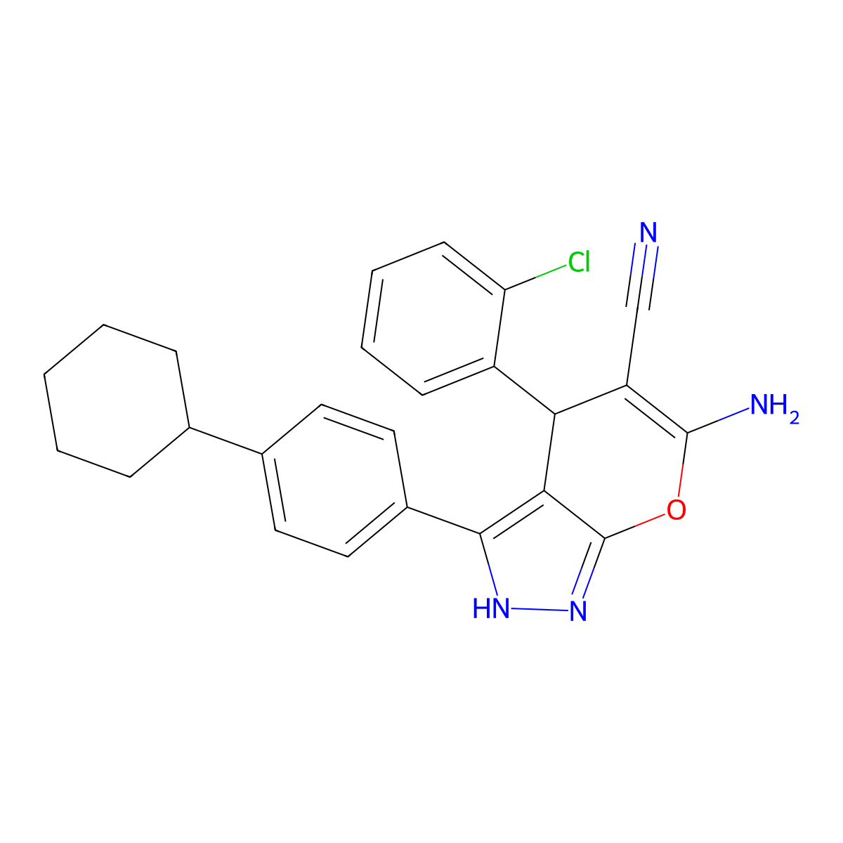 6-Amino-4-(2-chlorophenyl)-3-(4-cyclohexylphenyl)-1,4-dihydropyrano[2,3-c]pyrazole-5-carbonitrile molecular structure, CAS 664972-03-6