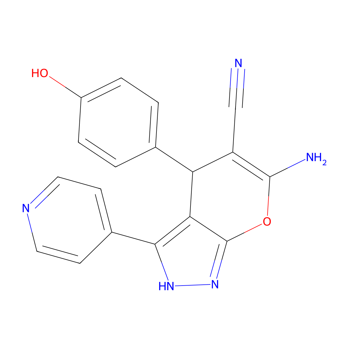 6-Amino-4-(4-hydroxyphenyl)-3-(4-pyridinyl)-1,4-dihydropyrano[2,3-c]pyrazole-5-carbonitrile molecular structure, CAS 664972-13-8
