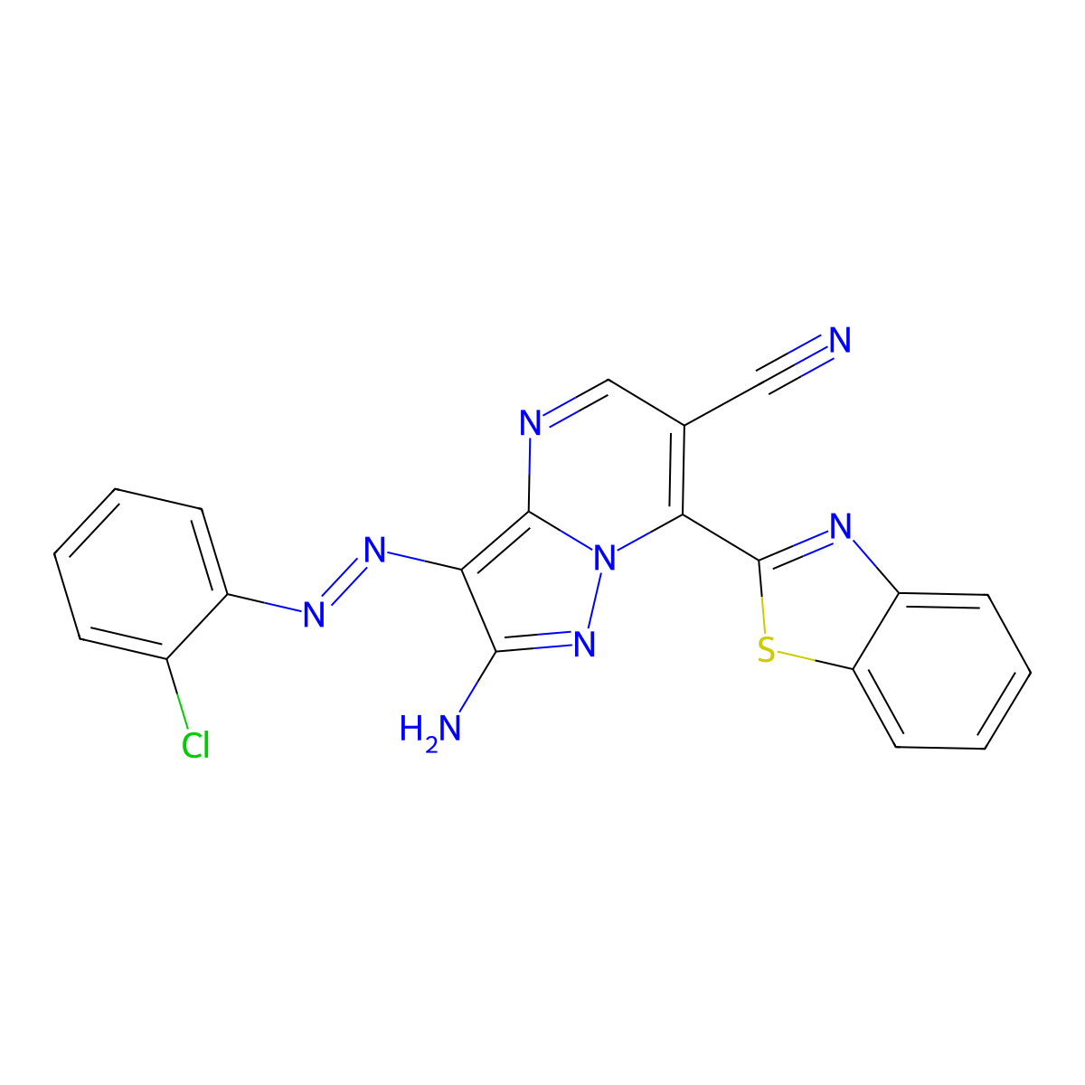 2-Amino-7-(1,3-benzothiazol-2-yl)-3-[(2-chlorophenyl)diazenyl]pyrazolo[1,5-a]pyrimidine-6-carbonitrile molecular structure, CAS 664972-40-1