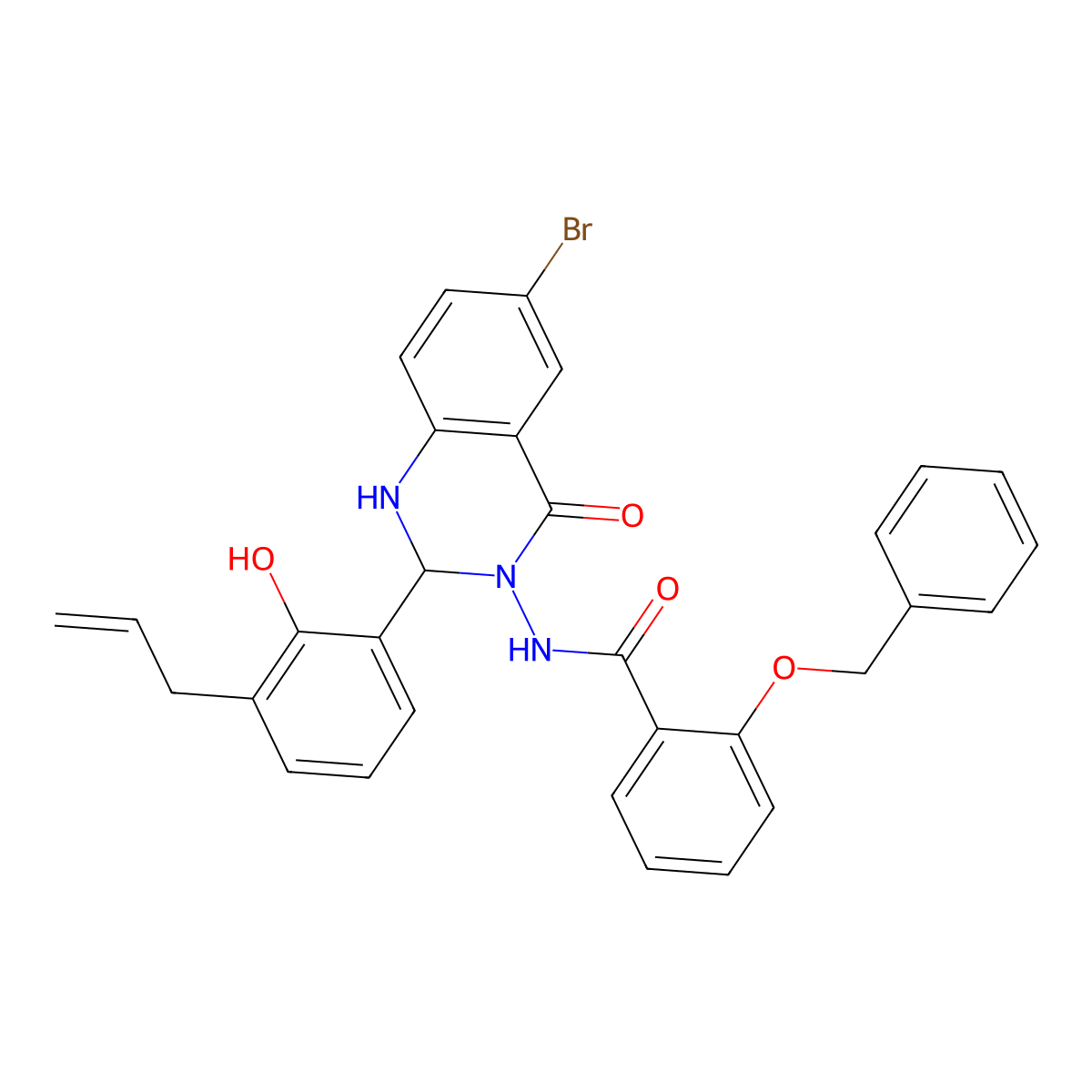N-[6-bromo-2-(2-hydroxy-3-prop-2-enylphenyl)-4-oxo-1,2-dihydroquinazolin-3-yl]-2-phenylmethoxybenzamide molecular structure, CAS 664977-60-0