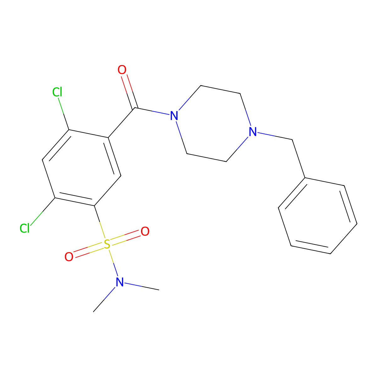 5-(4-benzylpiperazine-1-carbonyl)-2,4-dichloro-N,N-dimethylbenzenesulfonamide molecular structure, CAS 664977-91-7