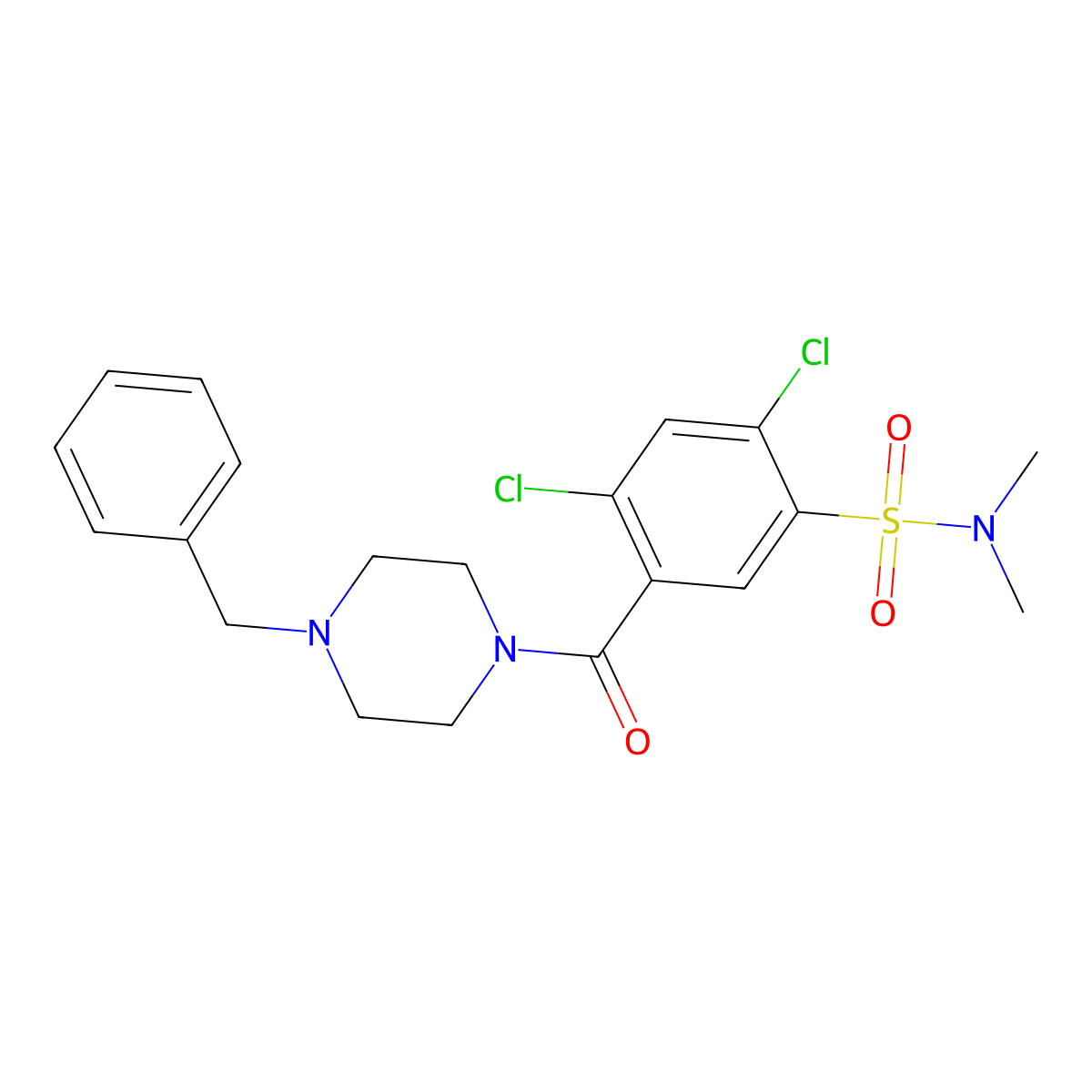 5-(4-benzylpiperazine-1-carbonyl)-2,4-dichloro-N,N-dimethylbenzenesulfonamide molecular structure, CAS 664977-91-7