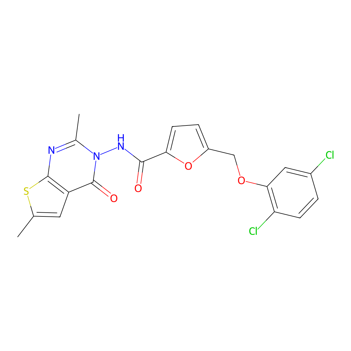 5-[(2,5-dichlorophenoxy)methyl]-N-(2,6-dimethyl-4-oxothieno[2,3-d]pyrimidin-3-yl)furan-2-carboxamide molecular structure, CAS 664992-36-3