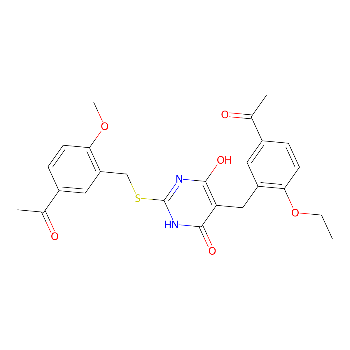 5-[(5-acetyl-2-ethoxyphenyl)methyl]-2-[(5-acetyl-2-methoxyphenyl)methylsulfanyl]-4-hydroxy-1H-pyrimidin-6-one molecular structure, CAS 664993-66-2