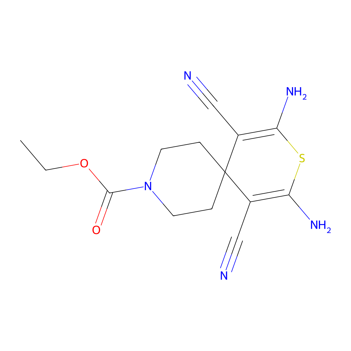 Ethyl 2,4-diamino-1,5-dicyano-3-thia-9-azaspiro[5.5]undeca-1,4-diene-9-carboxylate molecular structure, CAS 664994-01-8