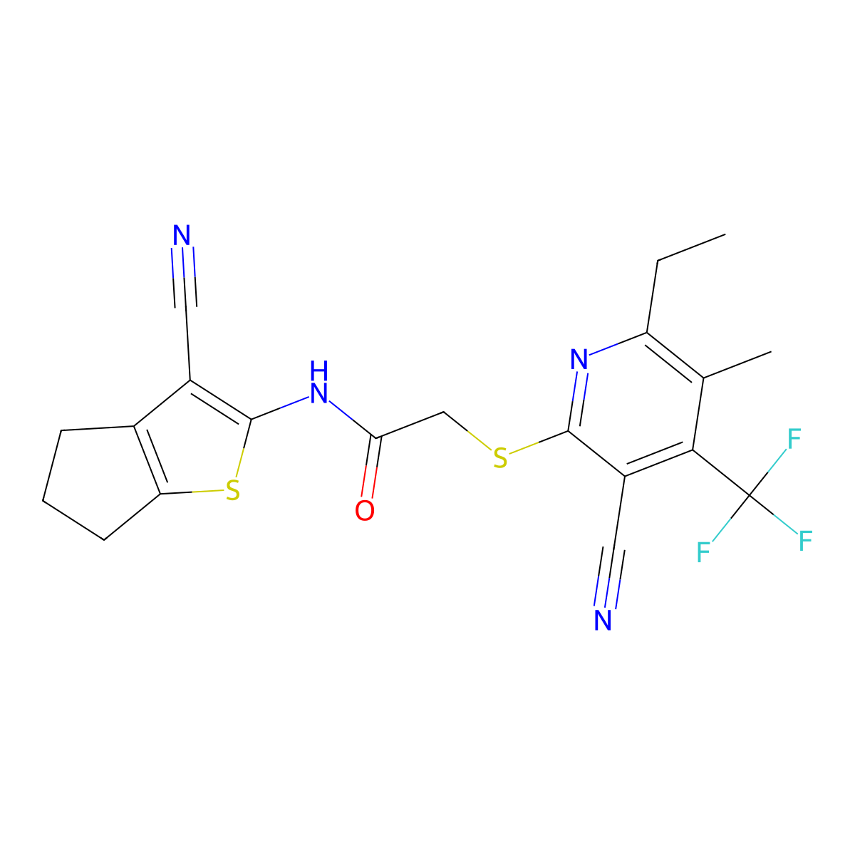 N-(3-cyano-5,6-dihydro-4H-cyclopenta[b]thiophen-2-yl)-2-[3-cyano-6-ethyl-5-methyl-4-(trifluoromethyl)pyridin-2-yl]sulfanylacetamide molecular structure, CAS 664994-23-4