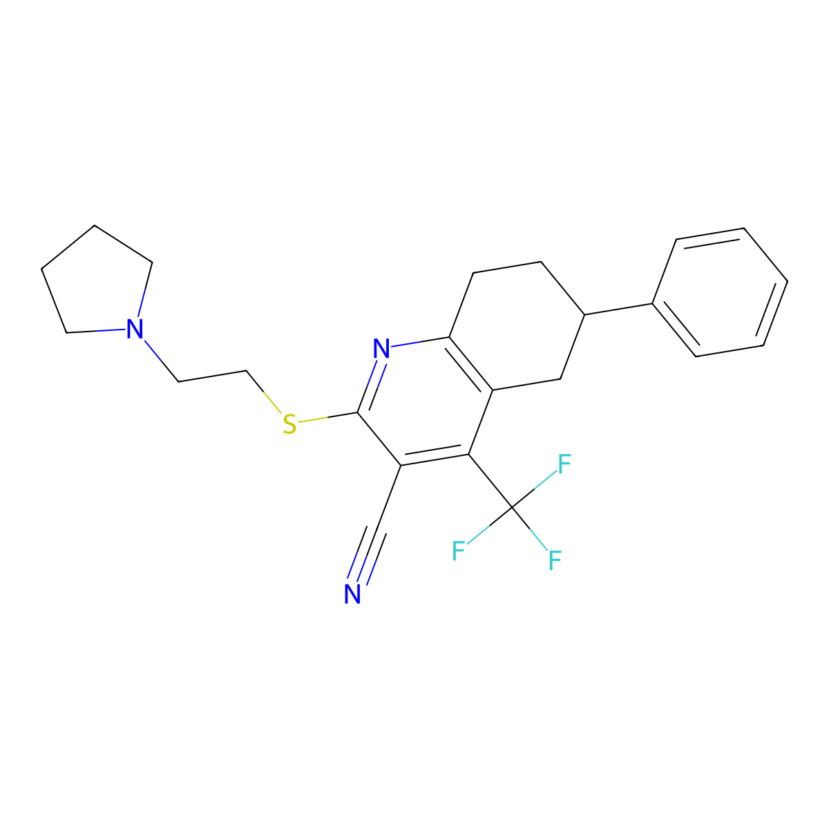 6-Phenyl-2-(2-pyrrolidin-1-ylethylsulfanyl)-4-(trifluoromethyl)-5,6,7,8-tetrahydroquinoline-3-carbonitrile molecular structure, CAS 664994-25-6