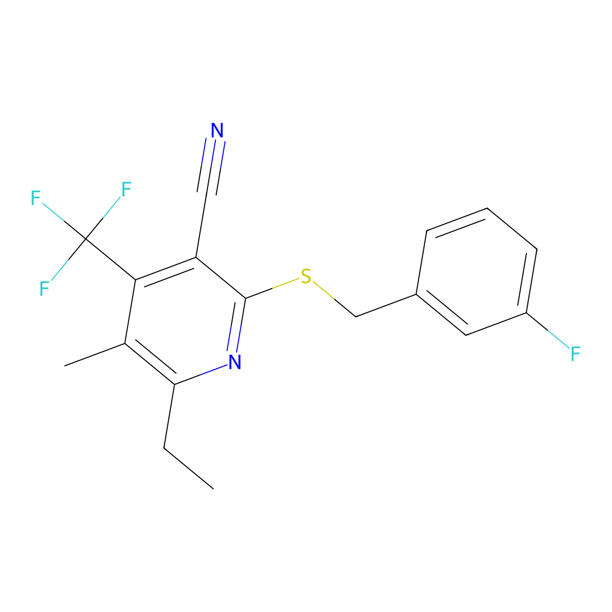 6-Ethyl-2-[(3-fluorobenzyl)sulfanyl]-5-methyl-4-(trifluoromethyl)nicotinonitrile molecular structure, CAS 664994-27-8