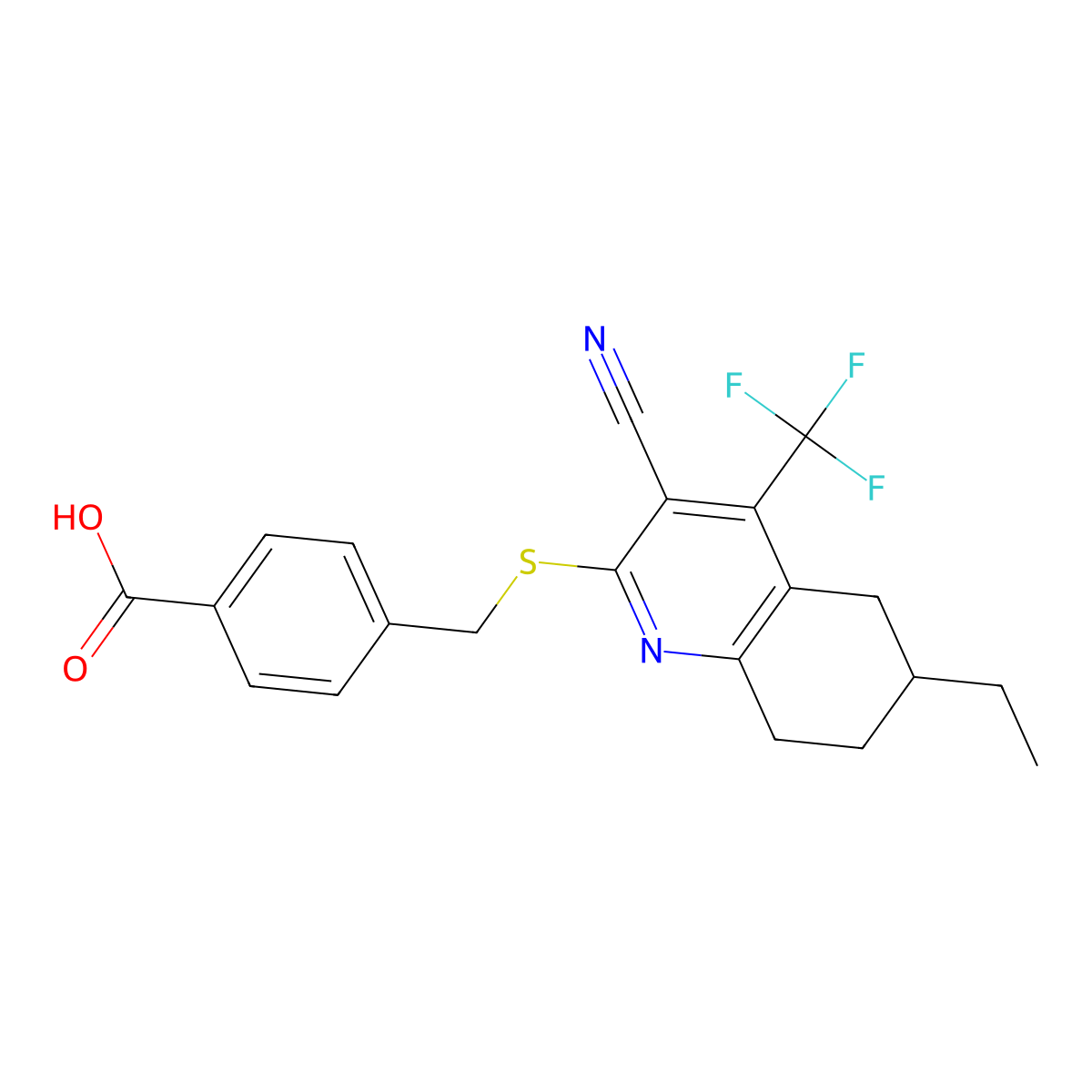 4-({[3-Cyano-6-ethyl-4-(trifluoromethyl)-5,6,7,8-tetrahydroquinolin-2-yl]sulfanyl}methyl)benzoic acid molecular structure, CAS 664994-28-9