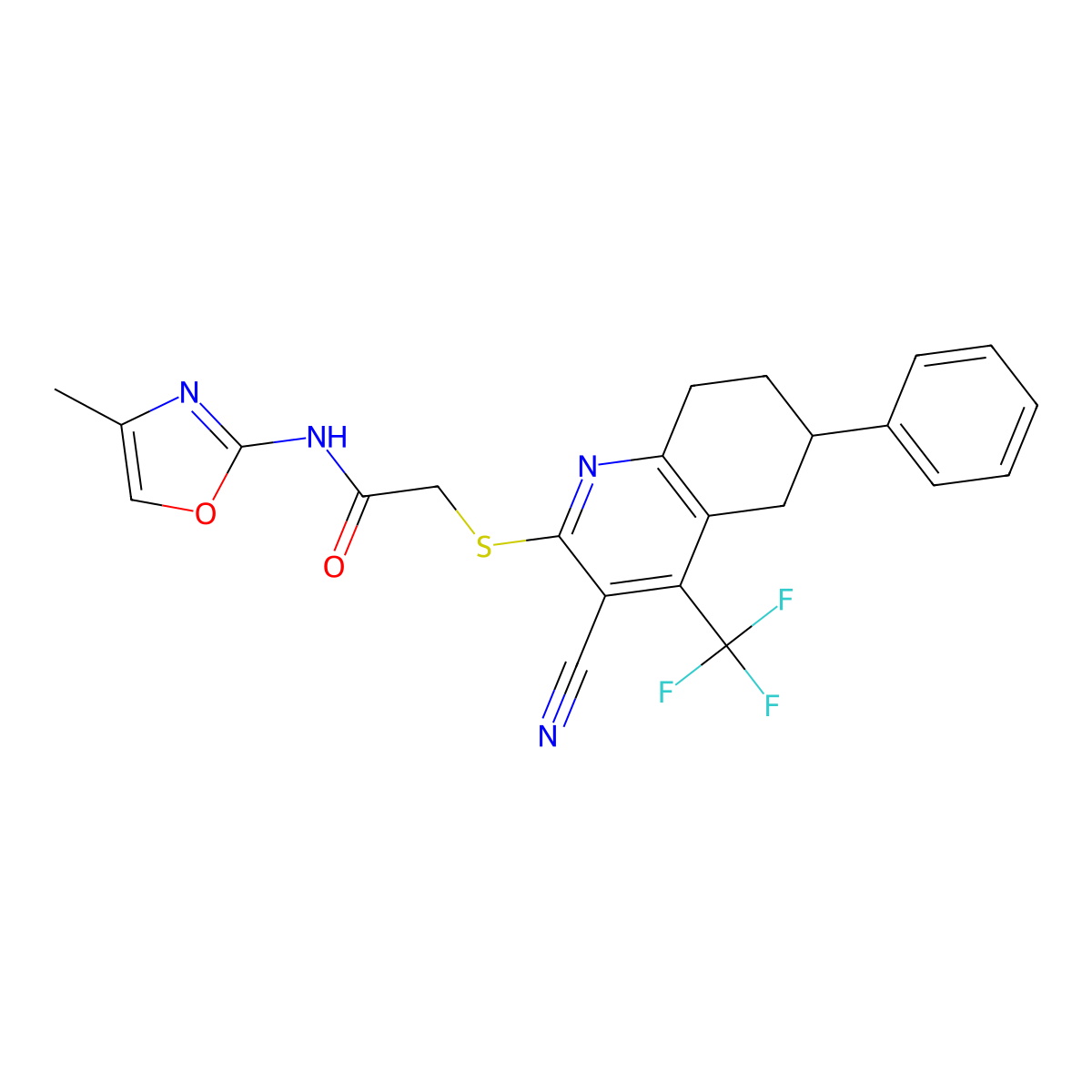 2-[[3-cyano-6-phenyl-4-(trifluoromethyl)-5,6,7,8-tetrahydroquinolin-2-yl]sulfanyl]-N-(4-methyl-1,3-oxazol-2-yl)acetamide molecular structure, CAS 664999-17-1