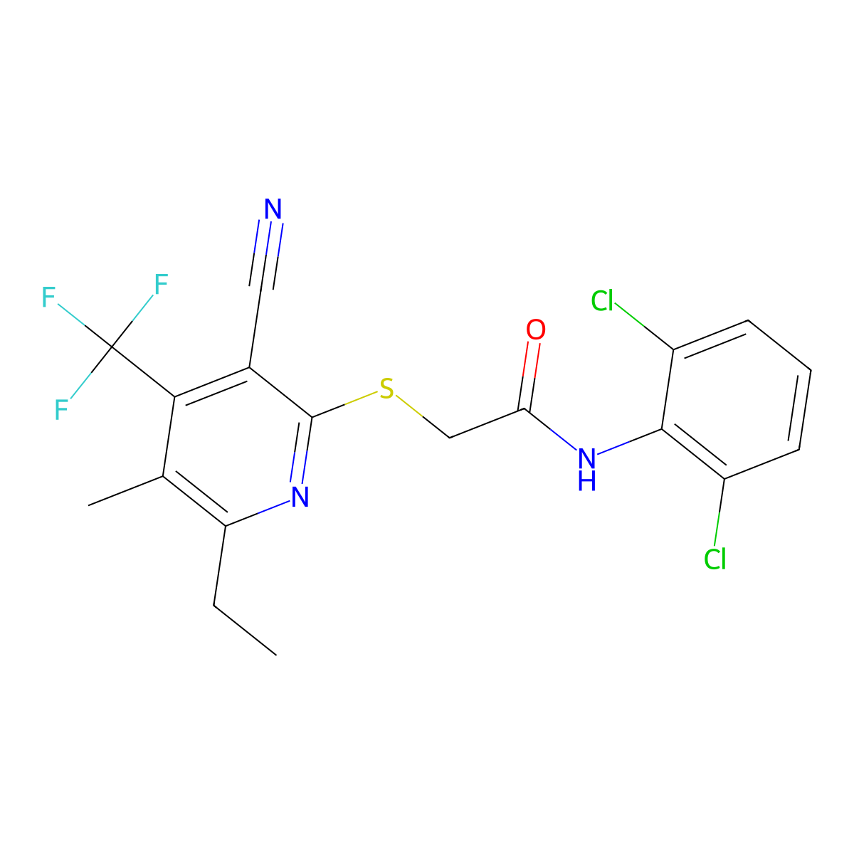 2-[3-cyano-6-ethyl-5-methyl-4-(trifluoromethyl)pyridin-2-yl]sulfanyl-N-(2,6-dichlorophenyl)acetamide molecular structure, CAS 664999-18-2