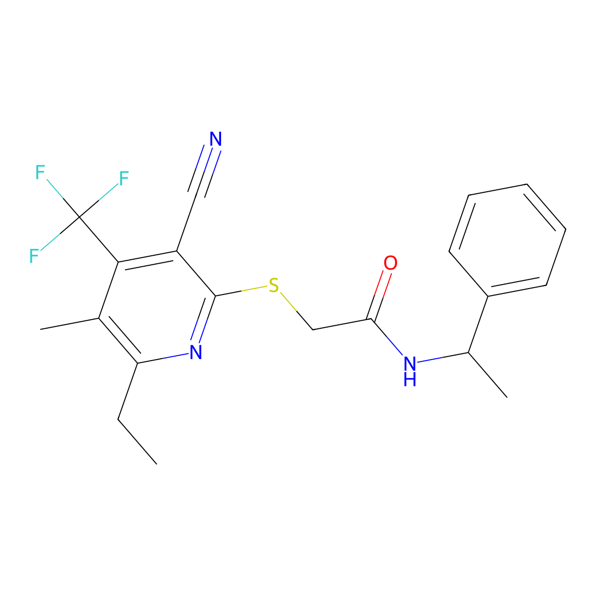 2-{[3-cyano-6-ethyl-5-methyl-4-(trifluoromethyl)pyridin-2-yl]sulfanyl}-N-(1-phenylethyl)acetamide molecular structure, CAS 664999-19-3