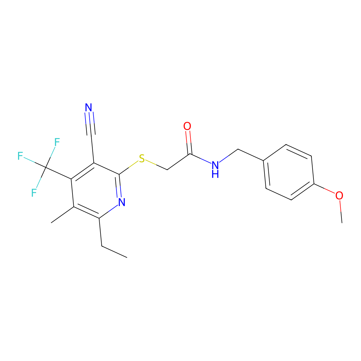 2-[3-cyano-6-ethyl-5-methyl-4-(trifluoromethyl)pyridin-2-yl]sulfanyl-N-[(4-methoxyphenyl)methyl]acetamide molecular structure, CAS 664999-20-6