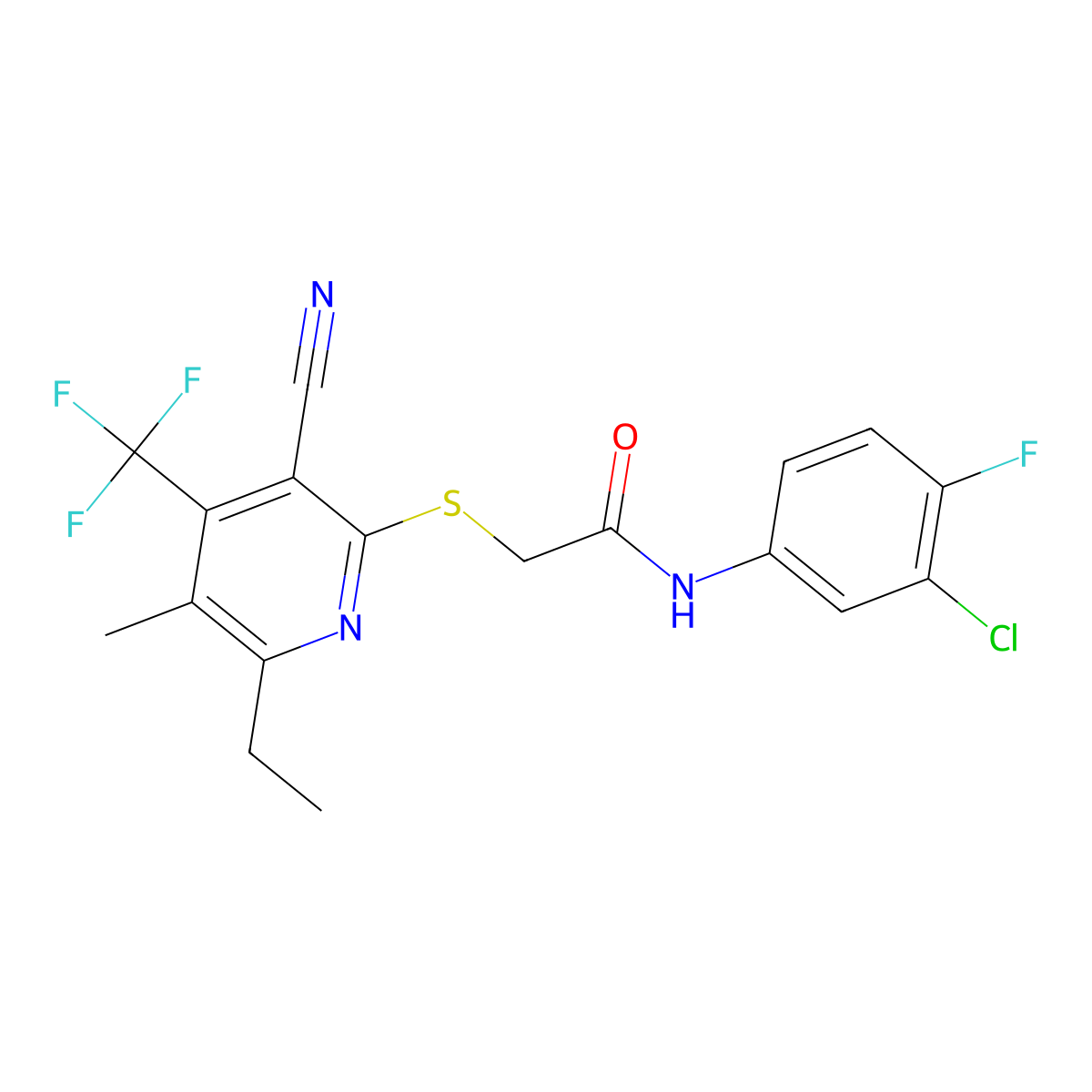 N-(3-chloro-4-fluorophenyl)-2-[3-cyano-6-ethyl-5-methyl-4-(trifluoromethyl)pyridin-2-yl]sulfanylacetamide molecular structure, CAS 664999-23-9