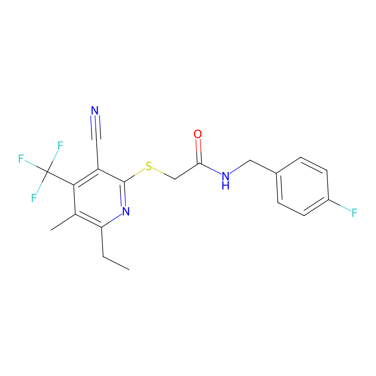 2-[3-cyano-6-ethyl-5-methyl-4-(trifluoromethyl)pyridin-2-yl]sulfanyl-N-[(4-fluorophenyl)methyl]acetamide molecular structure, CAS 664999-24-0