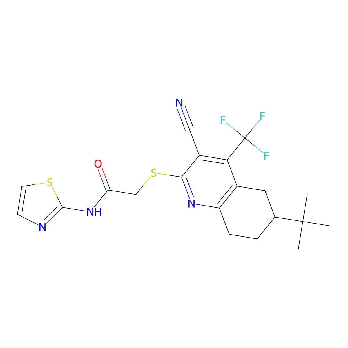 2-[[6-tert-butyl-3-cyano-4-(trifluoromethyl)-5,6,7,8-tetrahydroquinolin-2-yl]sulfanyl]-N-(1,3-thiazol-2-yl)acetamide molecular structure, CAS 664999-26-2