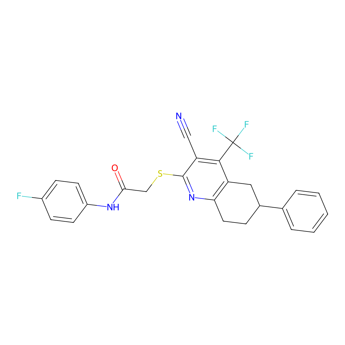 2-[[3-cyano-6-phenyl-4-(trifluoromethyl)-5,6,7,8-tetrahydroquinolin-2-yl]sulfanyl]-N-(4-fluorophenyl)acetamide molecular structure, CAS 664999-27-3