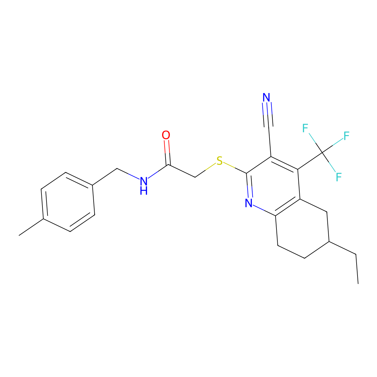 2-[[3-cyano-6-ethyl-4-(trifluoromethyl)-5,6,7,8-tetrahydroquinolin-2-yl]sulfanyl]-N-[(4-methylphenyl)methyl]acetamide molecular structure, CAS 664999-28-4