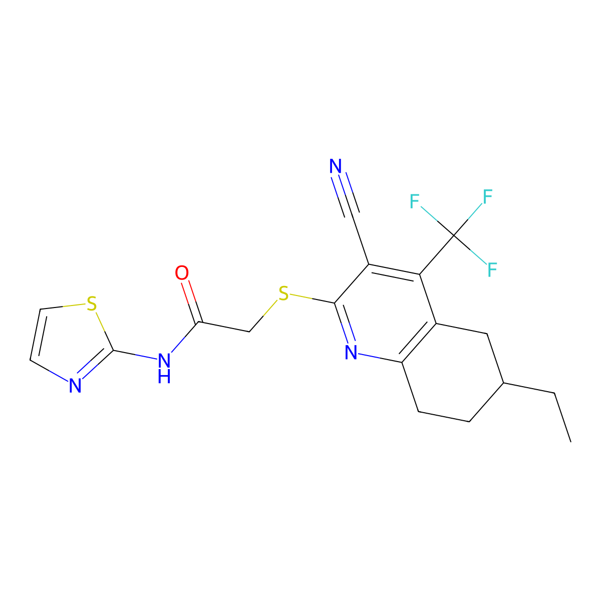 2-[[3-cyano-6-ethyl-4-(trifluoromethyl)-5,6,7,8-tetrahydroquinolin-2-yl]sulfanyl]-N-(1,3-thiazol-2-yl)acetamide molecular structure, CAS 664999-30-8