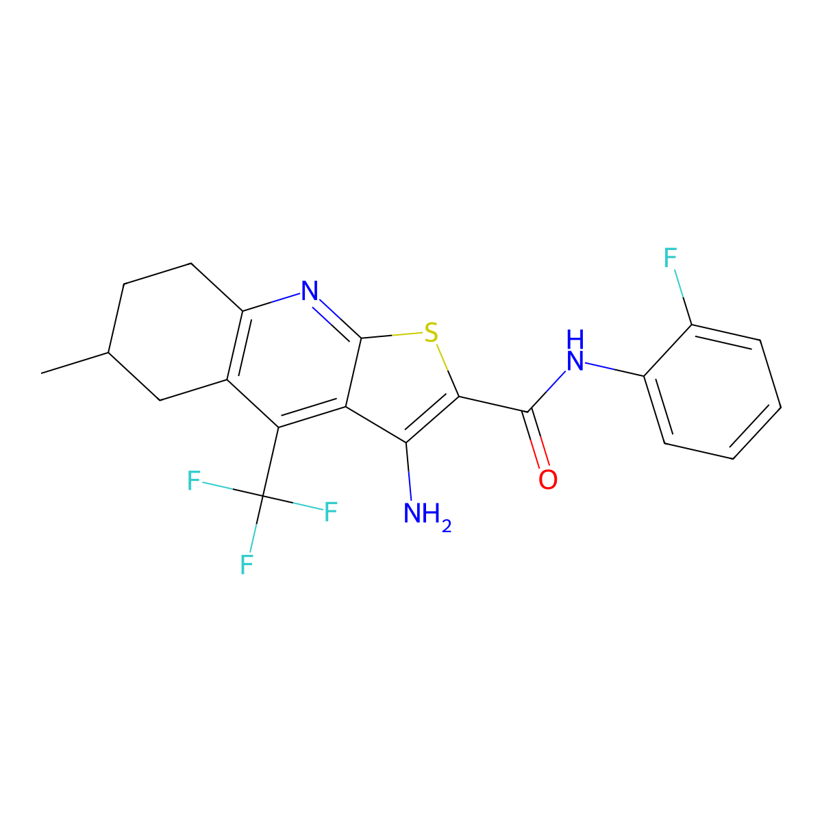 3-amino-N-(2-fluorophenyl)-6-methyl-4-(trifluoromethyl)-5,6,7,8-tetrahydrothieno[2,3-b]quinoline-2-carboxamide molecular structure, CAS 664999-31-9