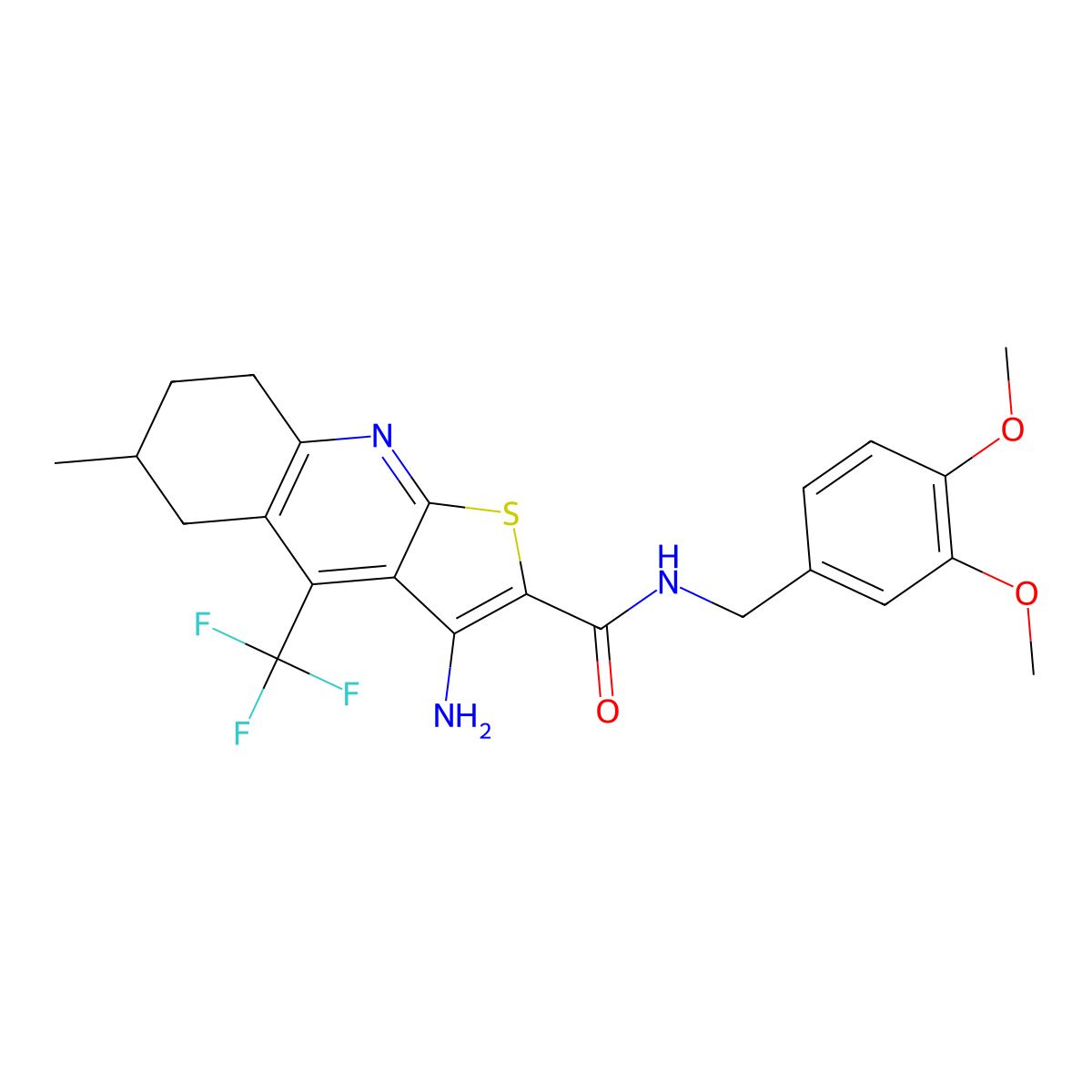 3-amino-N-(3,4-dimethoxybenzyl)-6-methyl-4-(trifluoromethyl)-5,6,7,8-tetrahydrothieno[2,3-b]quinoline-2-carboxamide molecular structure, CAS 664999-32-0