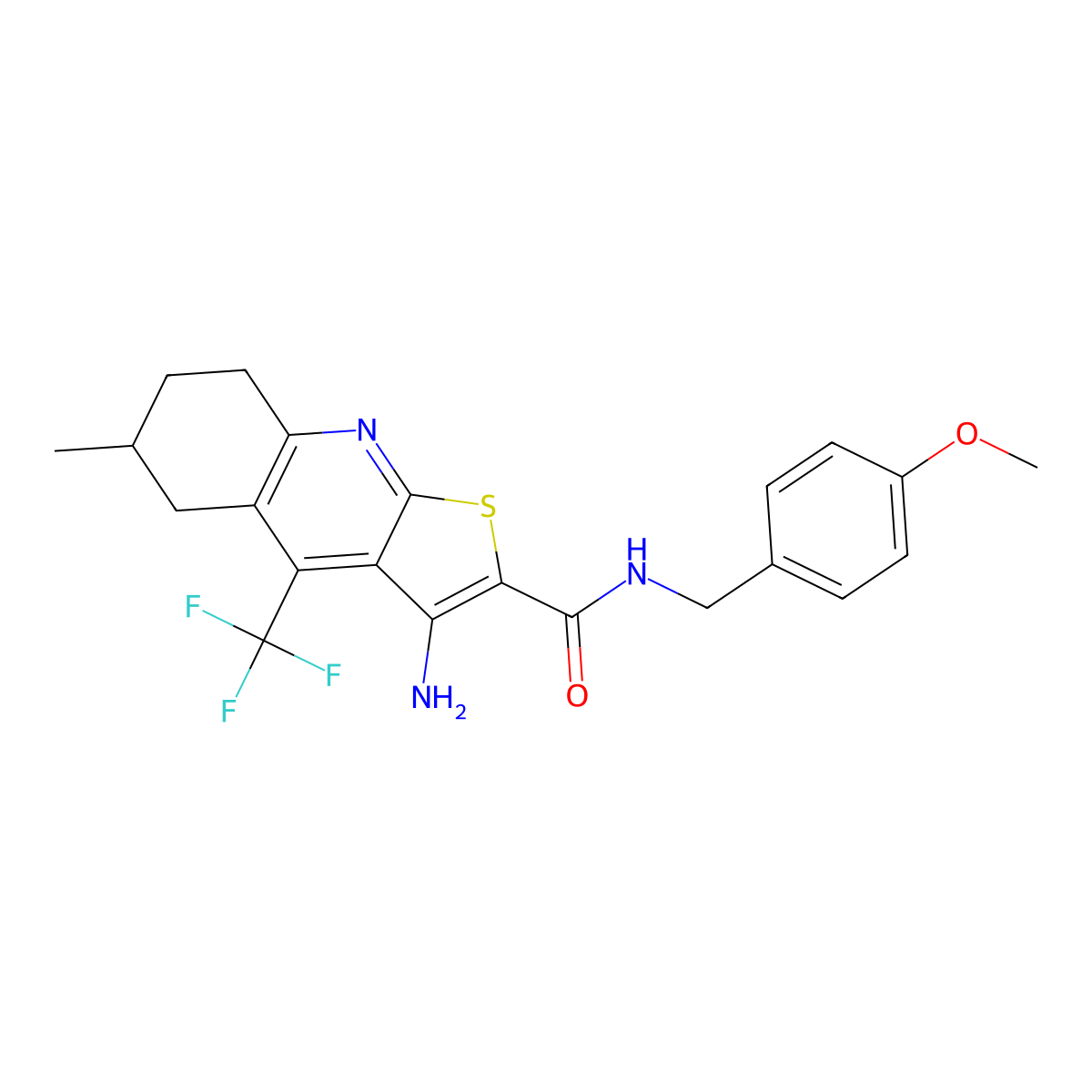 3-amino-N-(4-methoxybenzyl)-6-methyl-4-(trifluoromethyl)-5,6,7,8-tetrahydrothieno[2,3-b]quinoline-2-carboxamide molecular structure, CAS 664999-34-2
