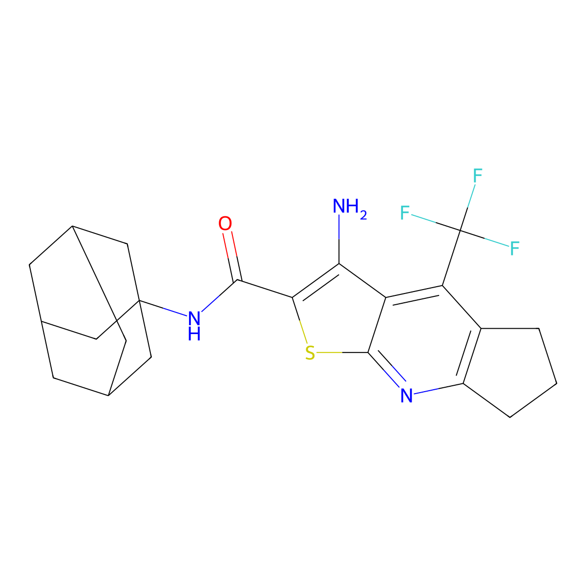 N-(1-adamantyl)-3-amino-4-(trifluoromethyl)-6,7-dihydro-5H-cyclopenta[b]thieno[3,2-e]pyridine-2-carboxamide molecular structure, CAS 664999-36-4