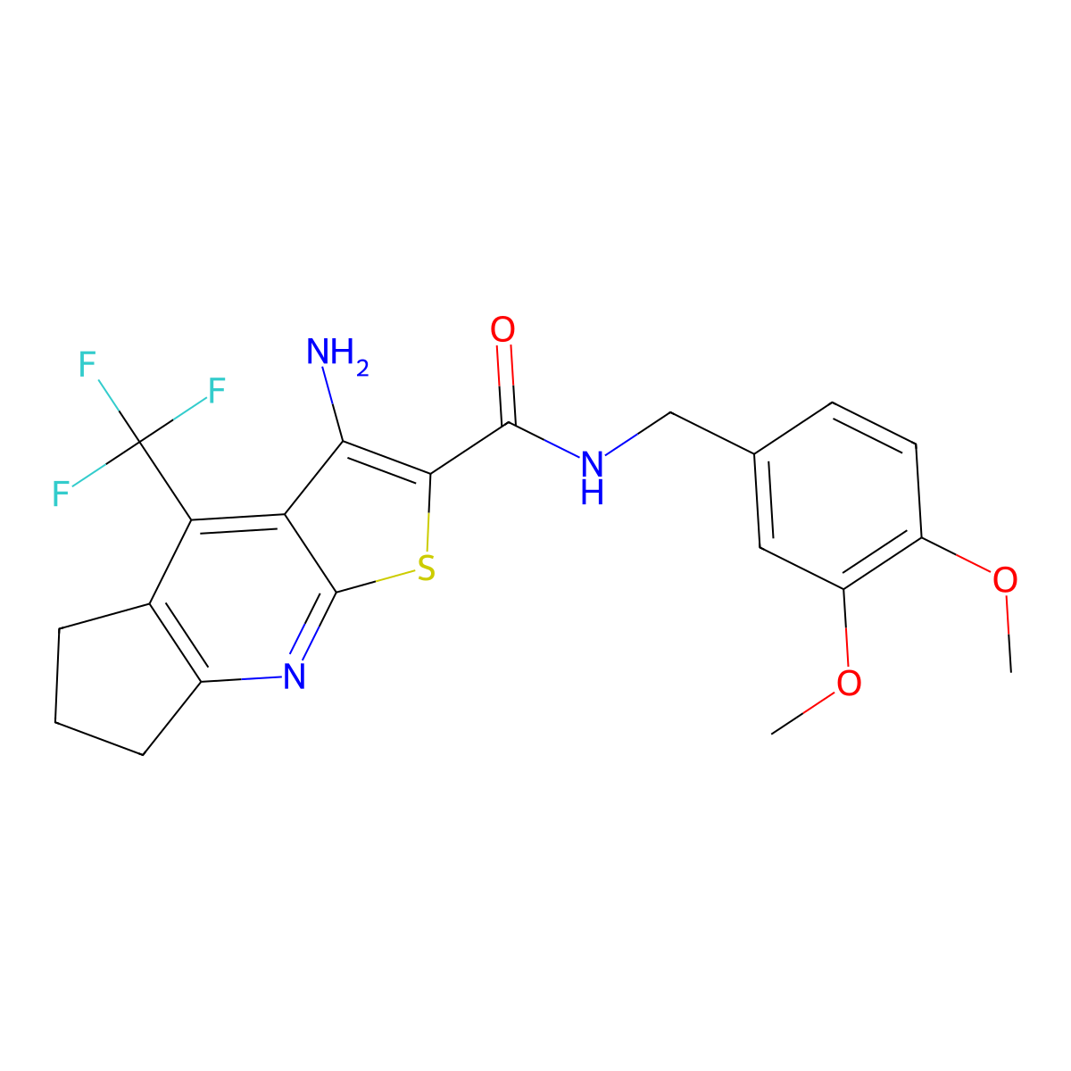 3-amino-N-(3,4-dimethoxybenzyl)-4-(trifluoromethyl)-6,7-dihydro-5H-cyclopenta[b]thieno[3,2-e]pyridine-2-carboxamide molecular structure, CAS 664999-37-5