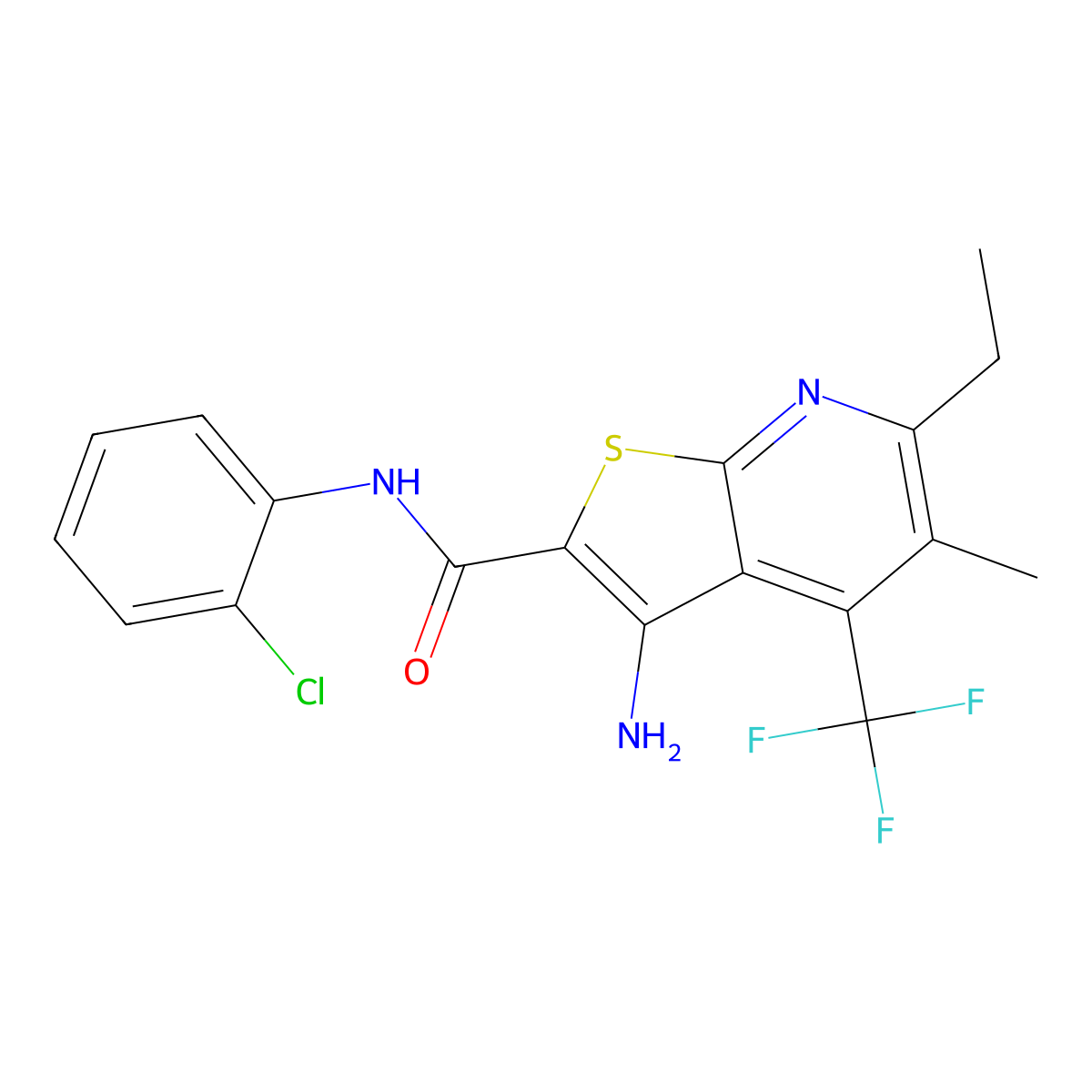 3-amino-N-(2-chlorophenyl)-6-ethyl-5-methyl-4-(trifluoromethyl)thieno[2,3-b]pyridine-2-carboxamide molecular structure, CAS 664999-38-6