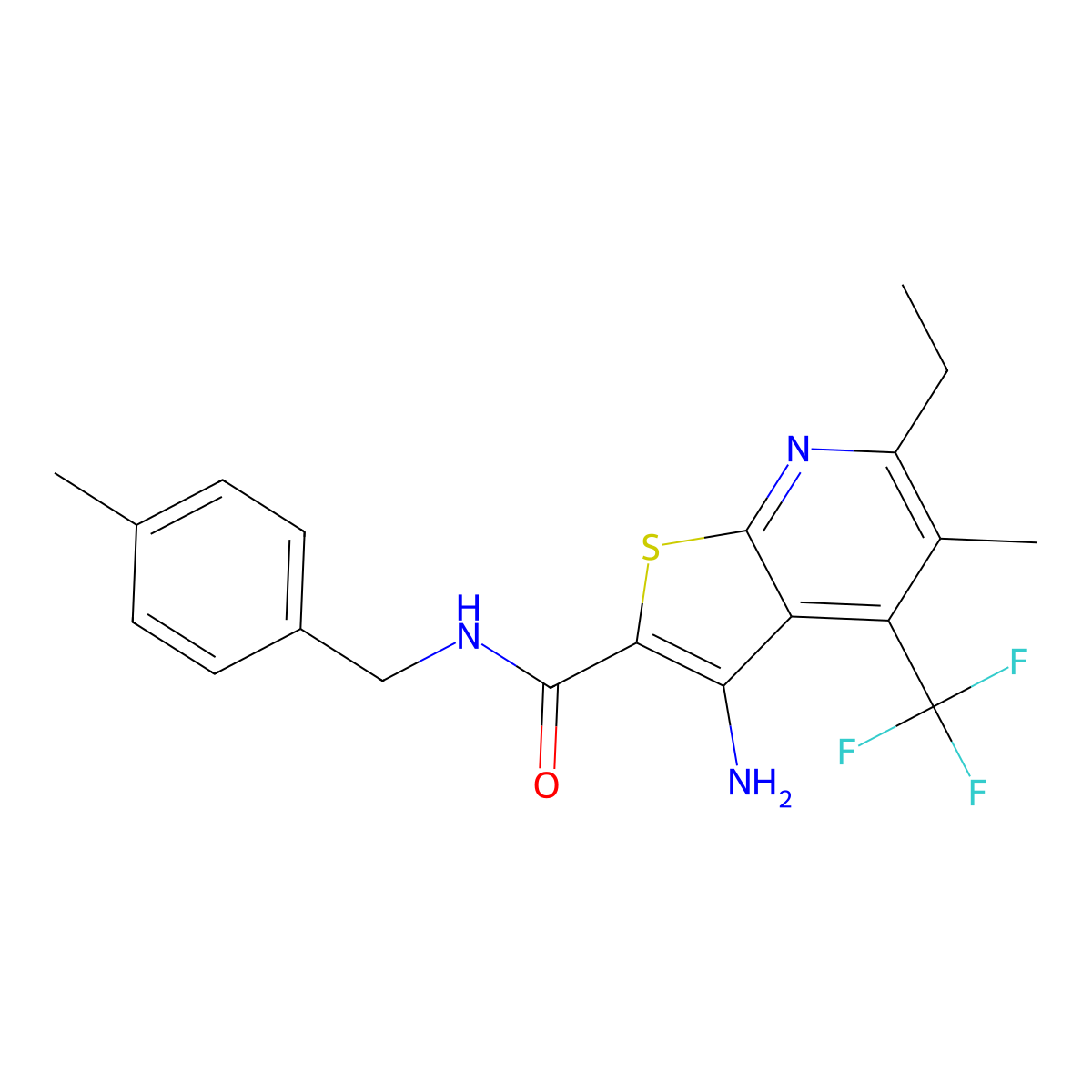 3-amino-6-ethyl-5-methyl-N-(4-methylbenzyl)-4-(trifluoromethyl)thieno[2,3-b]pyridine-2-carboxamide molecular structure, CAS 664999-39-7