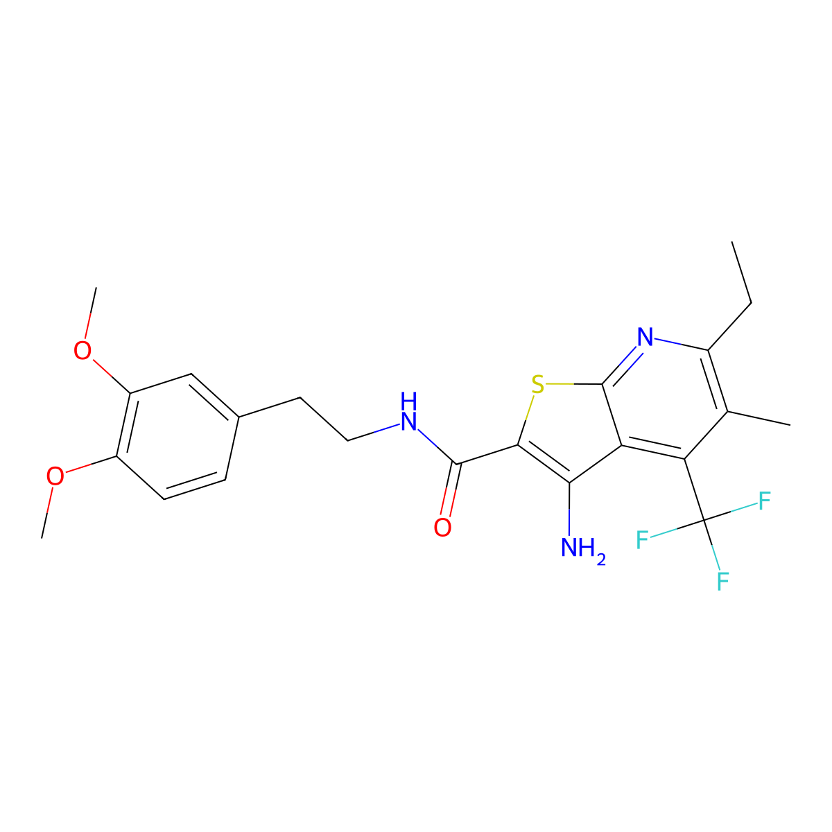 3-amino-N-[2-(3,4-dimethoxyphenyl)ethyl]-6-ethyl-5-methyl-4-(trifluoromethyl)thieno[2,3-b]pyridine-2-carboxamide molecular structure, CAS 664999-40-0