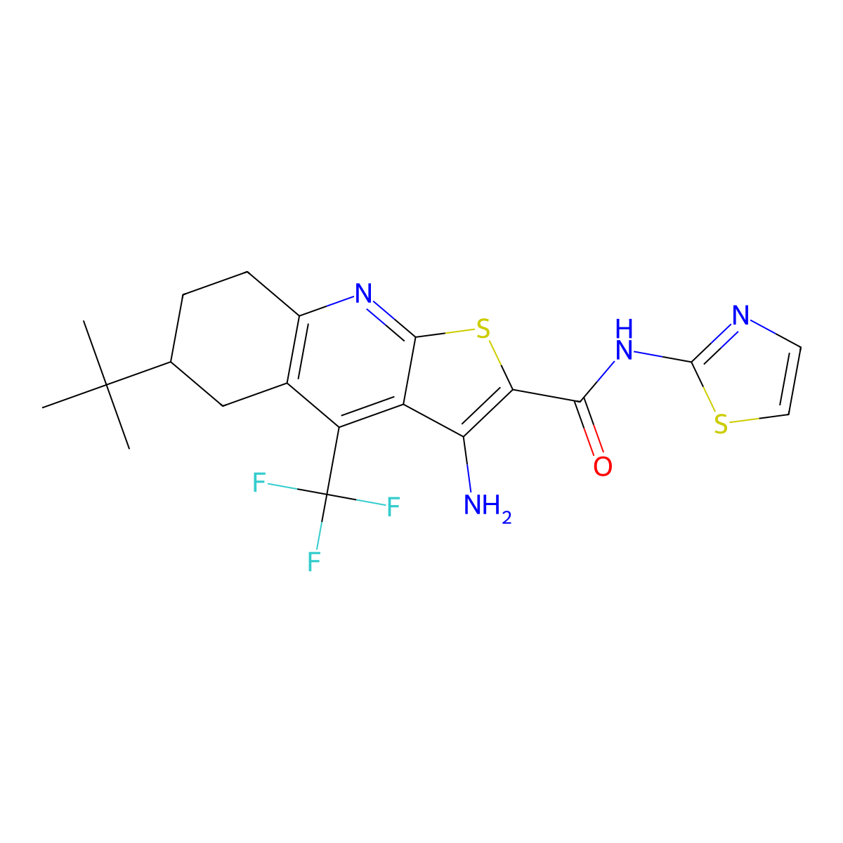 3-amino-6-tert-butyl-N-(1,3-thiazol-2-yl)-4-(trifluoromethyl)-5,6,7,8-tetrahydrothieno[2,3-b]quinoline-2-carboxamide molecular structure, CAS 664999-41-1