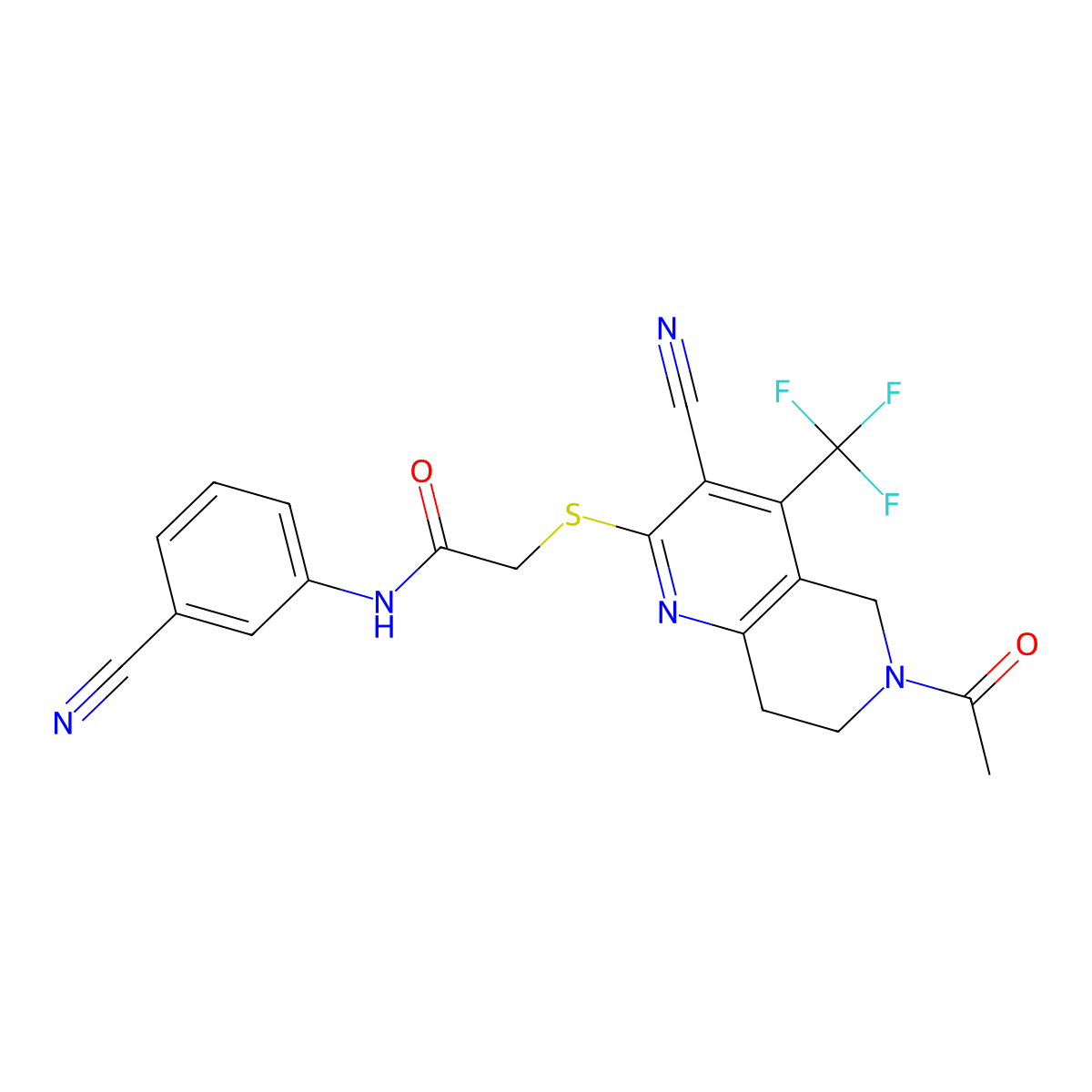 2-[[6-acetyl-3-cyano-4-(trifluoromethyl)-7,8-dihydro-5H-1,6-naphthyridin-2-yl]sulfanyl]-N-(3-cyanophenyl)acetamide molecular structure, CAS 664999-42-2