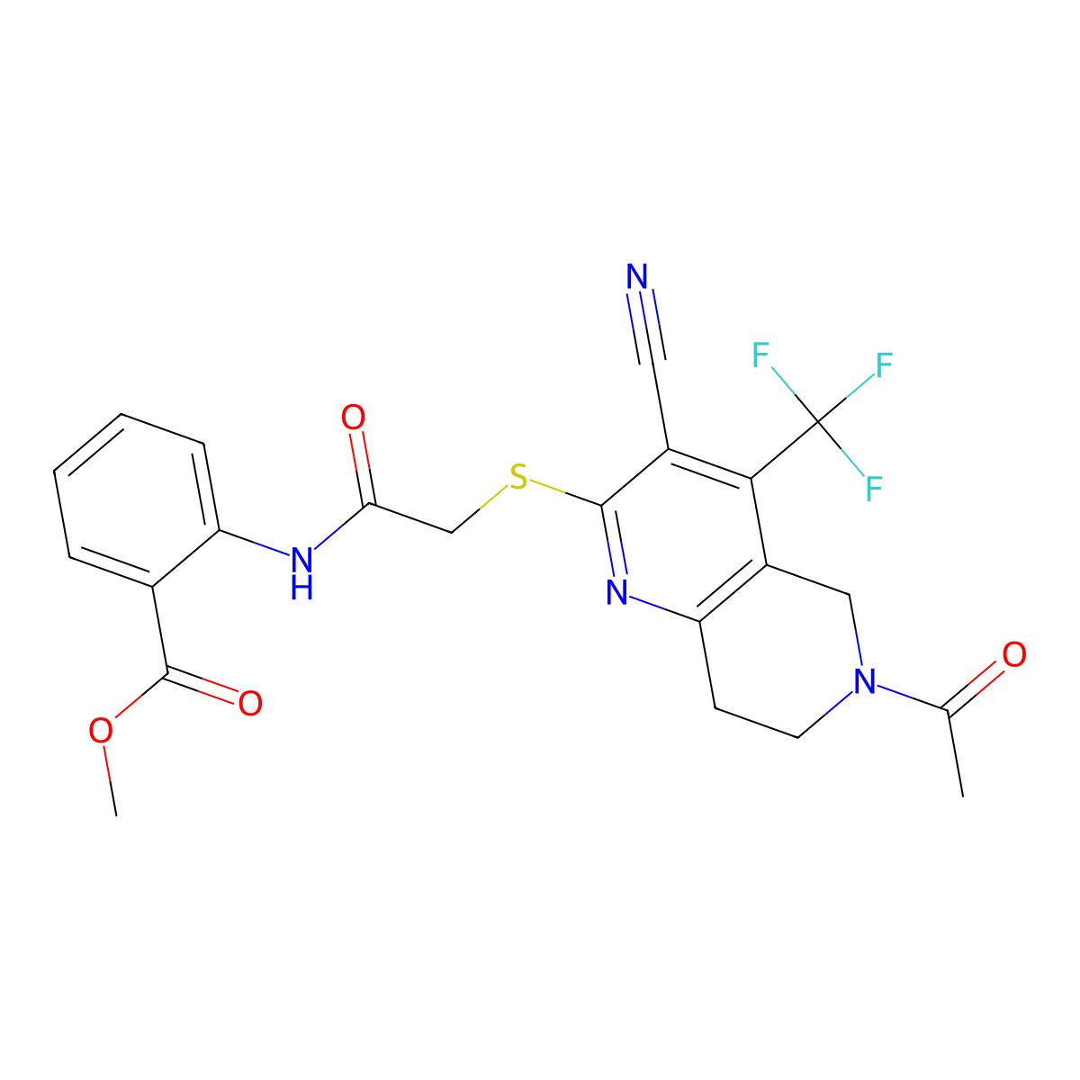 methyl 2-[[2-[[6-acetyl-3-cyano-4-(trifluoromethyl)-7,8-dihydro-5H-1,6-naphthyridin-2-yl]sulfanyl]acetyl]amino]benzoate molecular structure, CAS 664999-43-3