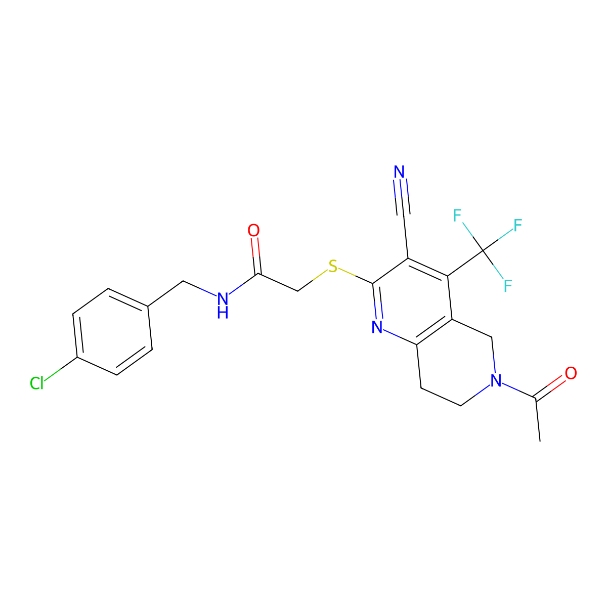2-{[6-acetyl-3-cyano-4-(trifluoromethyl)-5,6,7,8-tetrahydro[1,6]naphthyridin-2-yl]sulfanyl}-N-(4-chlorobenzyl)acetamide molecular structure, CAS 664999-44-4