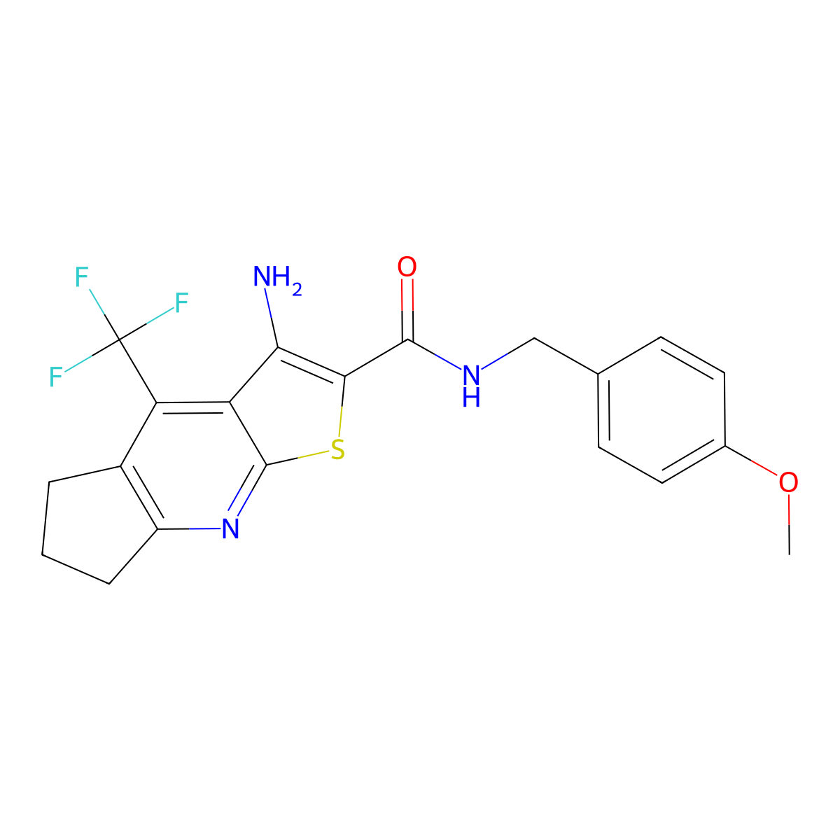 3-amino-N-(4-methoxybenzyl)-4-(trifluoromethyl)-6,7-dihydro-5H-cyclopenta[b]thieno[3,2-e]pyridine-2-carboxamide molecular structure, CAS 664999-46-6