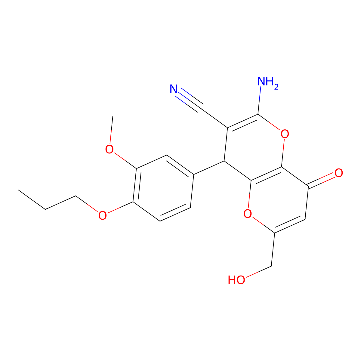 2-Amino-6-(hydroxymethyl)-4-(3-methoxy-4-propoxyphenyl)-8-oxo-4,8-dihydropyrano[3,2-b]pyran-3-carbonitrile molecular structure, CAS 664999-51-3