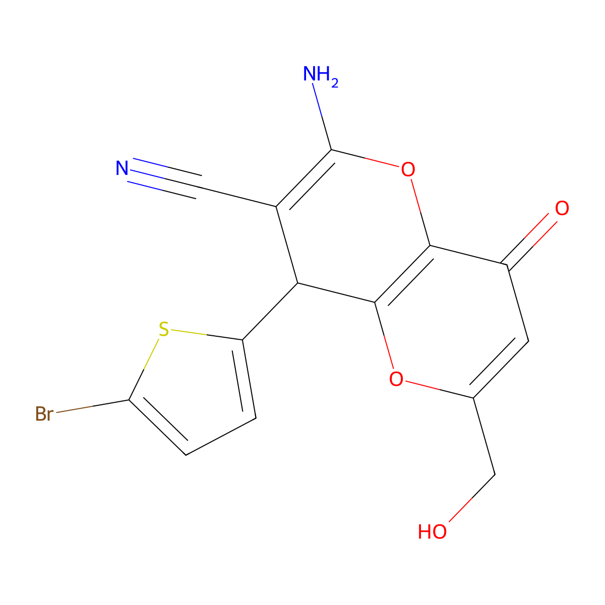 2-Amino-4-(5-bromo-2-thienyl)-6-(hydroxymethyl)-8-oxo-4,8-dihydropyrano[3,2-b]pyran-3-carbonitrile molecular structure, CAS 664999-52-4